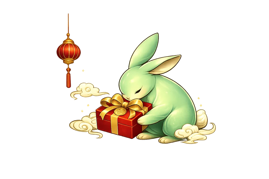 Thỏ ngọc ôm hộp quà Trung Thu bên đèn lồng đỏ và mây lành
